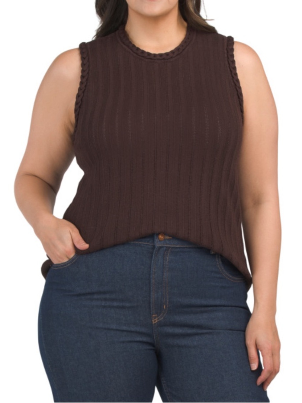 Truth Sleeveless Brown Ribbed Knit Top - Women
